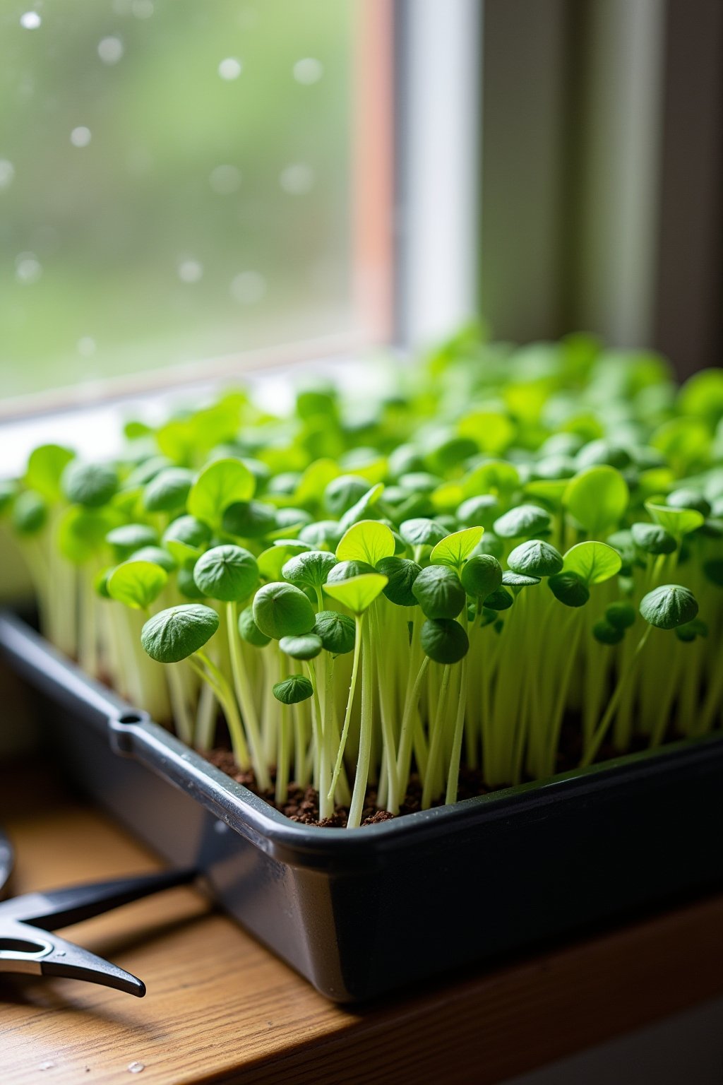 Close-up dense microgreens growing in a shallow tray on a sunny windowsill, tiny bright green seedlings with their first leaves visible, water droplets from misting, a pair of scissors ready for ha...