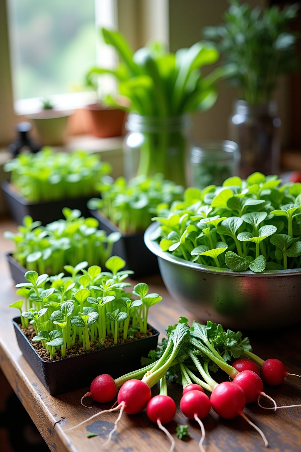 A colorful display of fast-growing vegetables and greens arranged on a rustic table, microgreen trays with dense green sprouts, freshly harvested radishes with bright red roots, baby lettuce and ar...