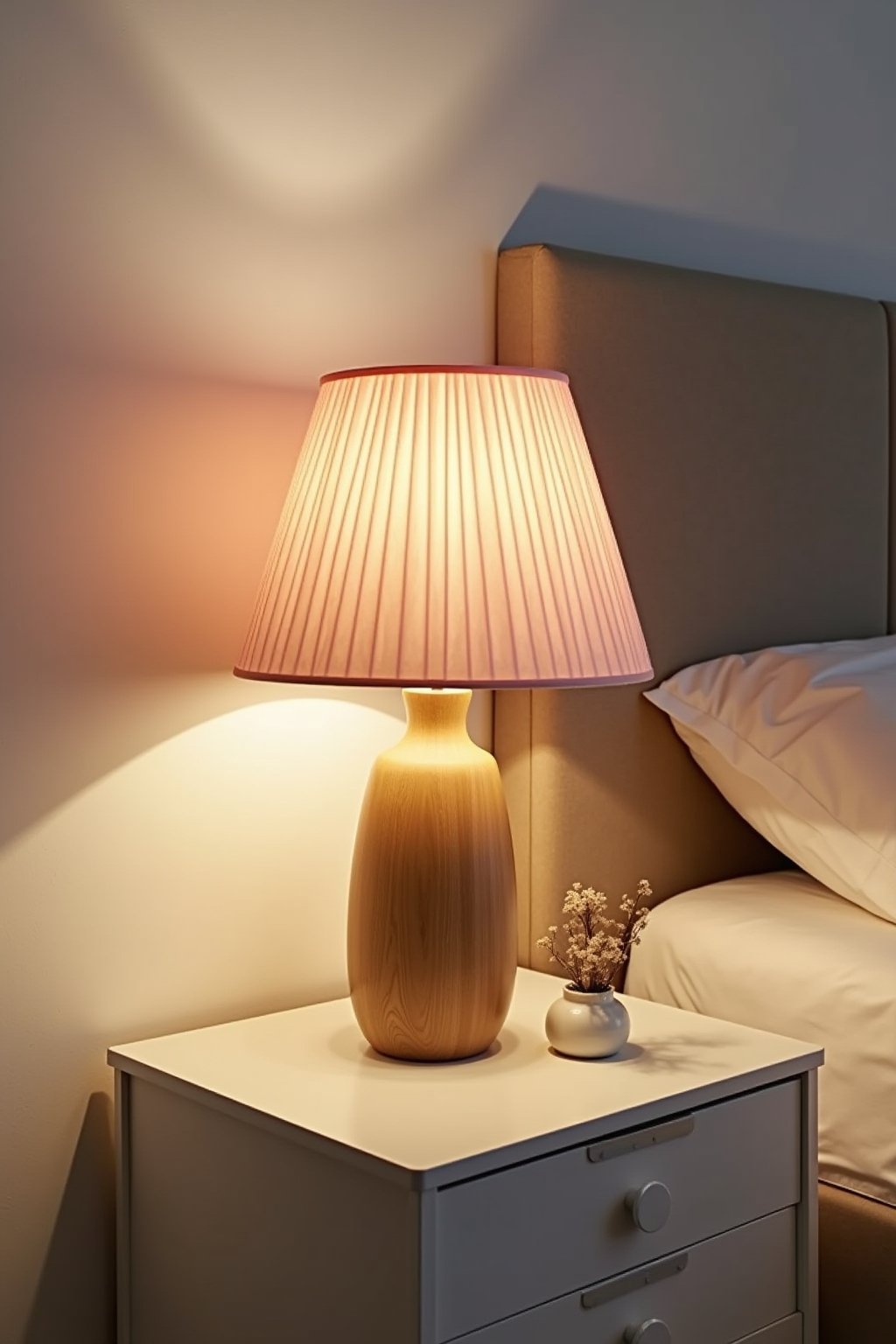 A bedroom nightstand with a pleated soft pink lampshade on a natural wood lamp base