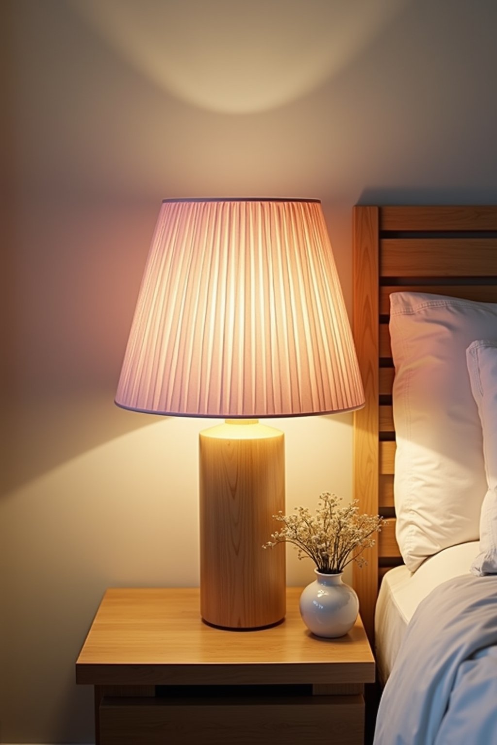A bedroom nightstand with a pleated soft pink lampshade on a natural wood lamp base