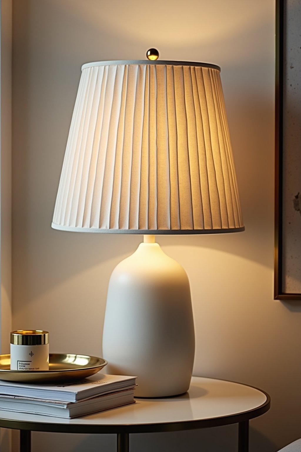 A styled living room side table with a pleated cream linen lampshade on a matte white ceramic lamp base