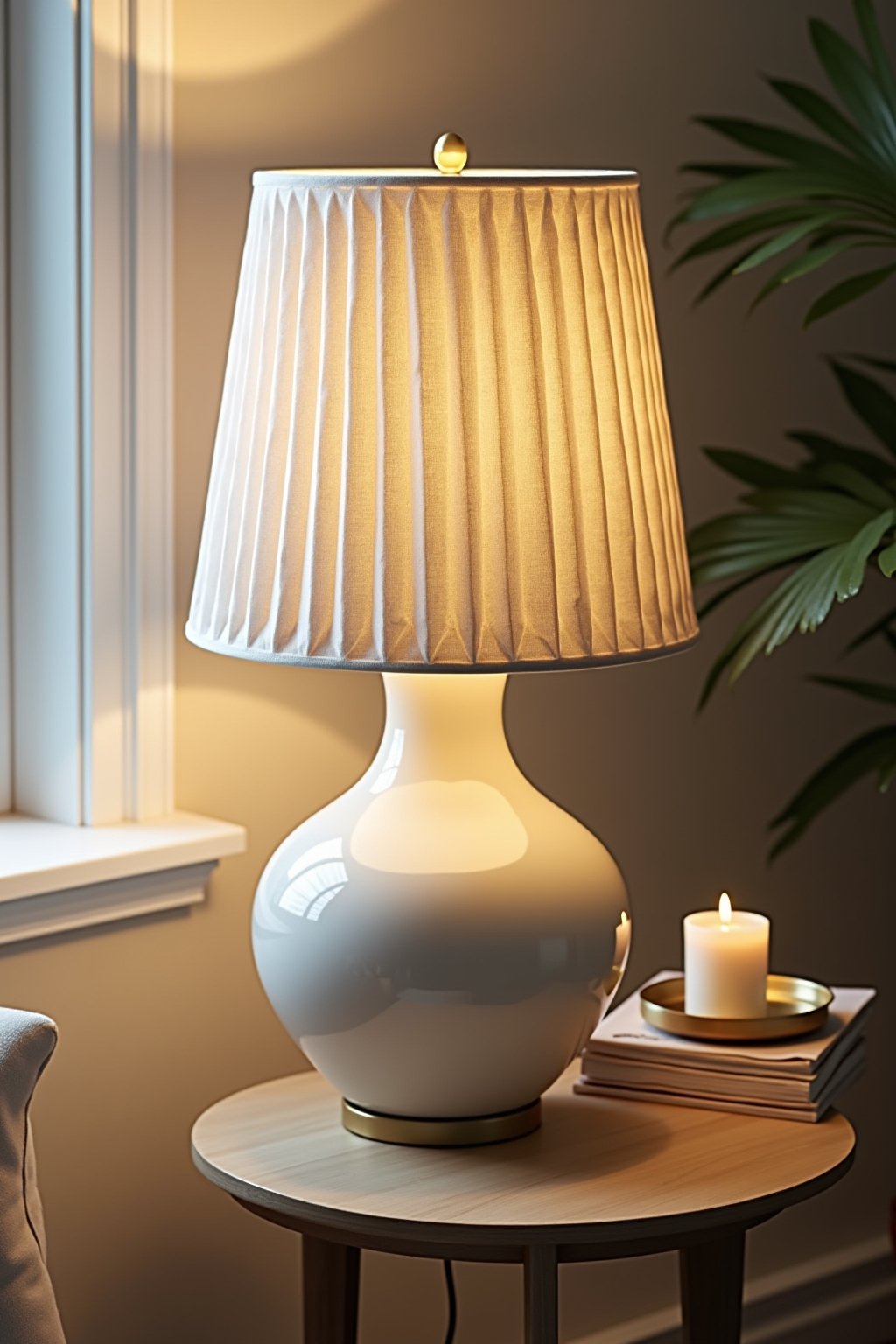 A styled living room side table with a pleated cream linen lampshade on a matte white ceramic lamp base
