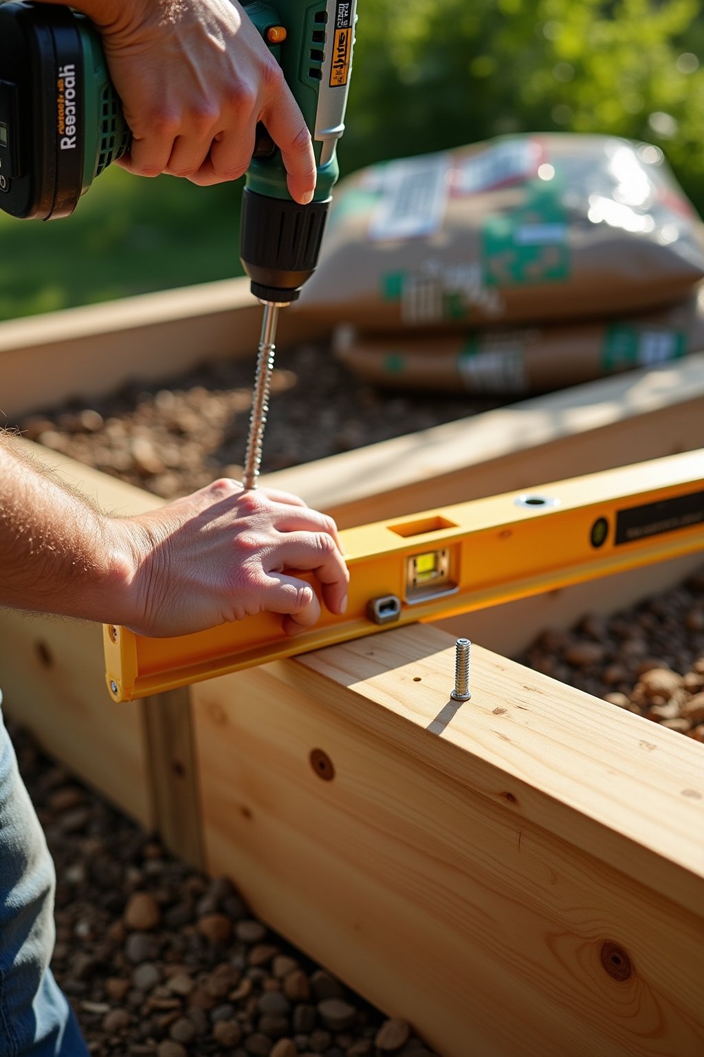 Close-up someone assembling a cedar raised garden bed frame using a drill and galvanized screws, the honey-colored cedar boards visible, bags of compost and topsoil stacked nearby, a level resting ...