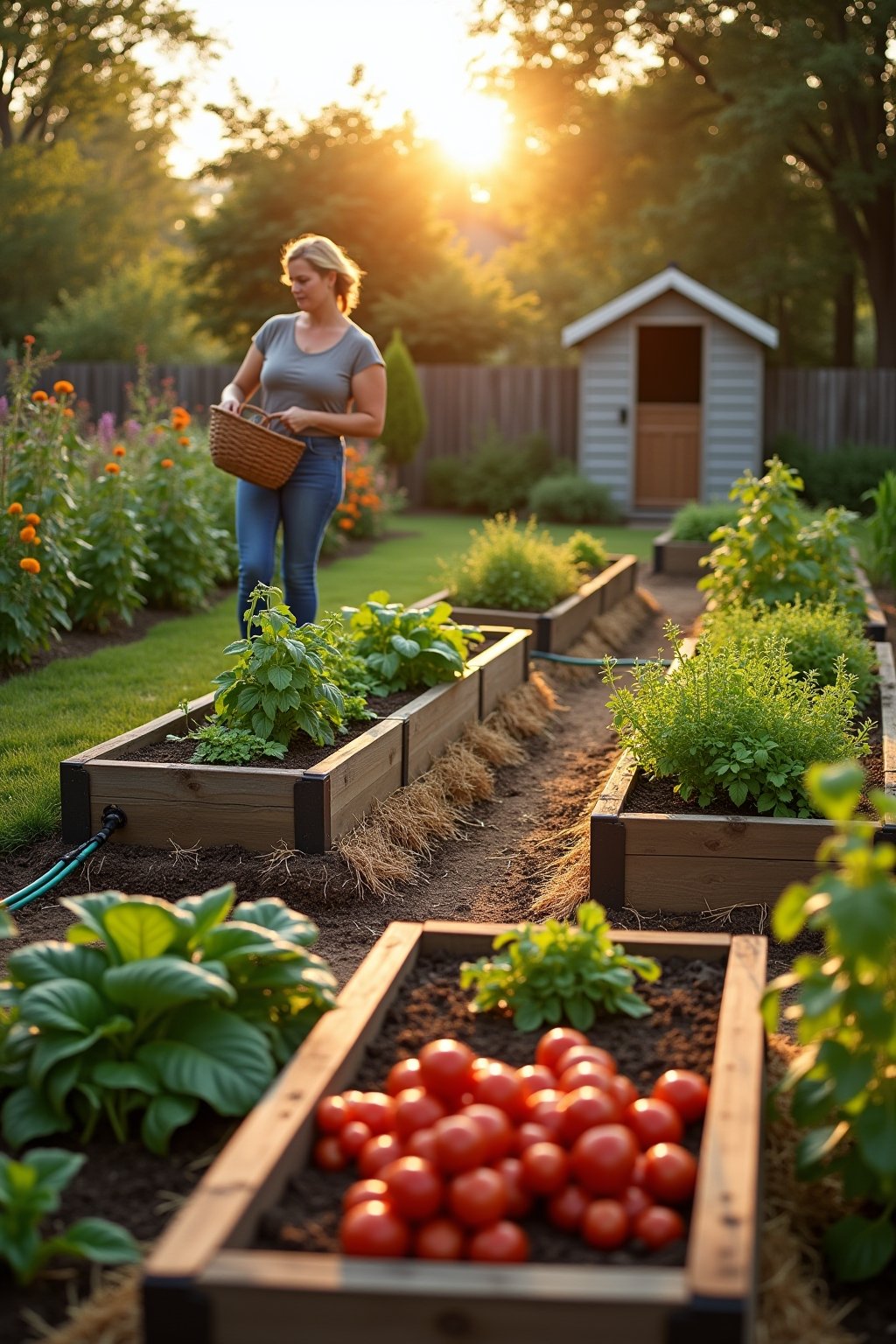 A row of three raised garden beds in a beautiful backyard at golden hour, each bed overflowing with different vegetables and herbs, drip irrigation lines visible, a woman harvesting tomatoes with a...