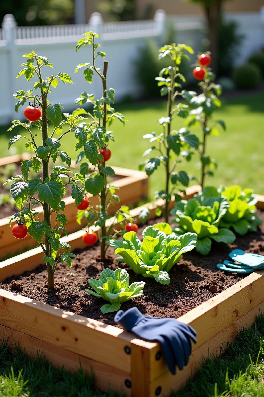 A beautiful cedar raised garden bed in a sunny backyard filled with thriving vegetable plants including tomatoes on stakes, lettuce rows, and herbs, rich dark soil visible, straw mulch on the surfa...