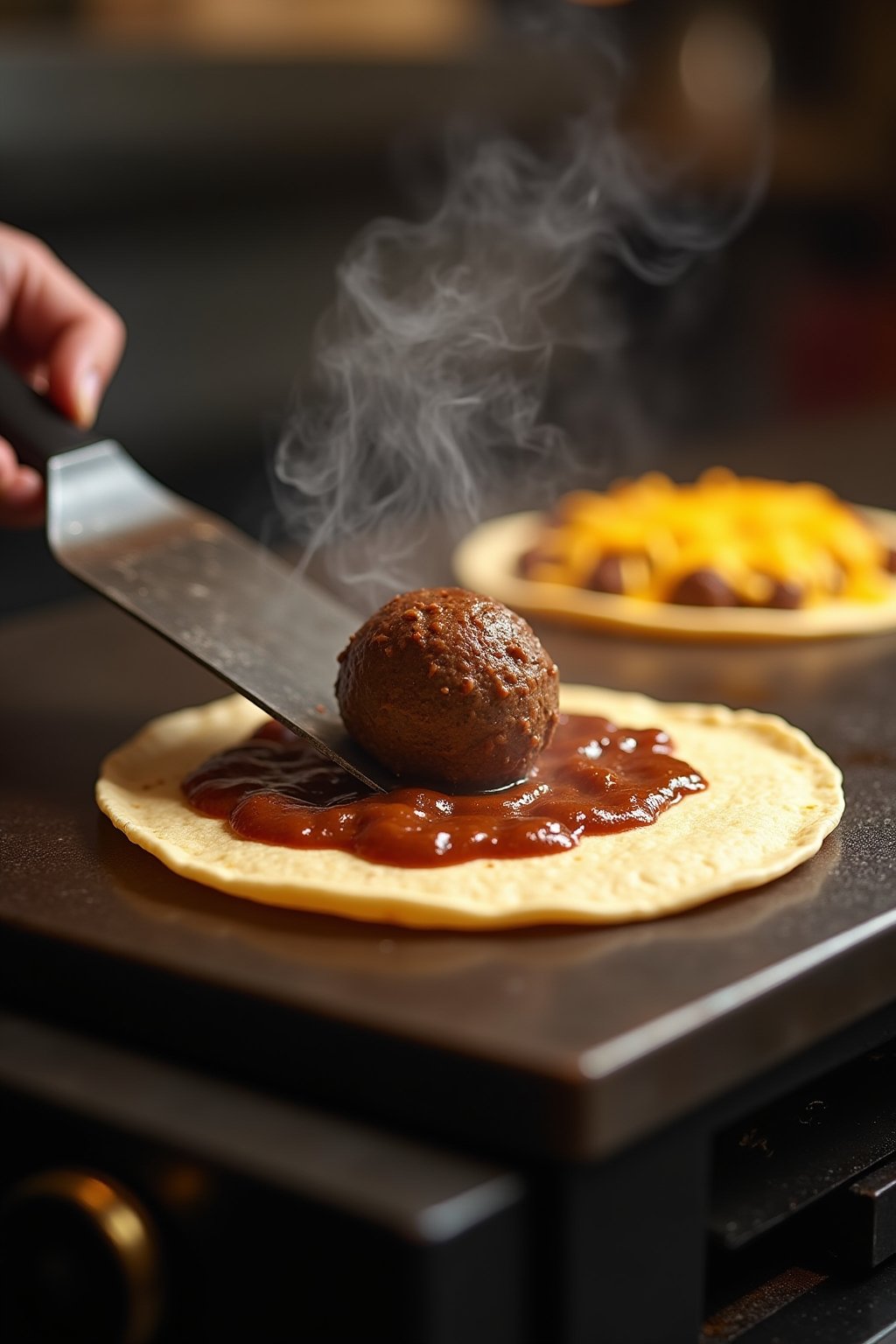 A dynamic action shot of a beef ball being smashed flat onto a flour tortilla on a smoking hot flat griddle using a sturdy spatula pressing down hard, the meat spreading thin across the tortilla, v...