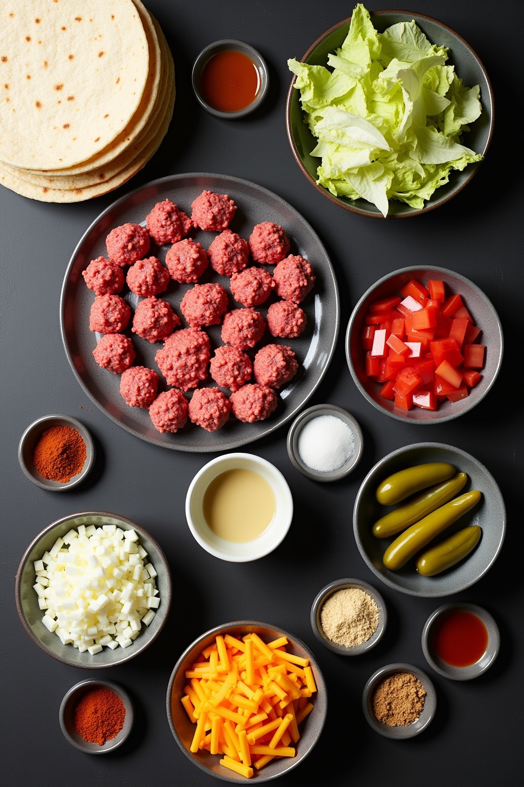 Overhead flat lay of smash burger taco ingredients and toppings arranged on a dark surface: a plate of raw ground beef portioned into small balls, a stack of small flour tortillas, American cheese ...