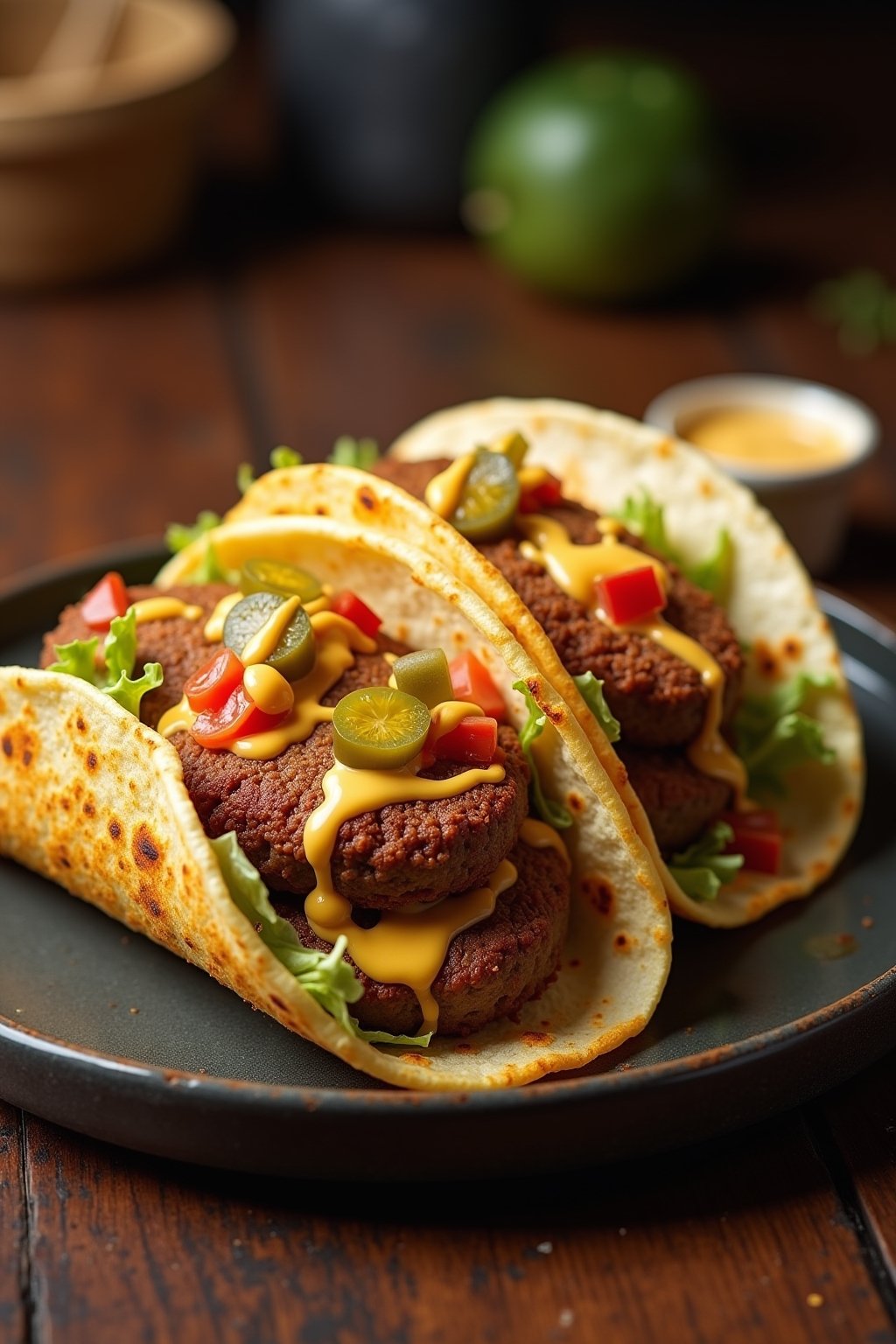 Two golden crispy smash burger tacos on a dark ceramic plate, showing thin crispy-edged beef patties inside folded flour tortillas with melted American cheese dripping, topped with shredded lettuce...