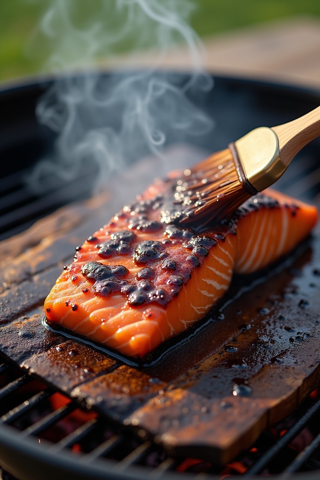 Close-up of salmon on a cedar plank on the grill, dark caramelized glaze bubbling on the surface, visible cedar smoke rising, the wood plank charring around the edges, glowing coals visible through...