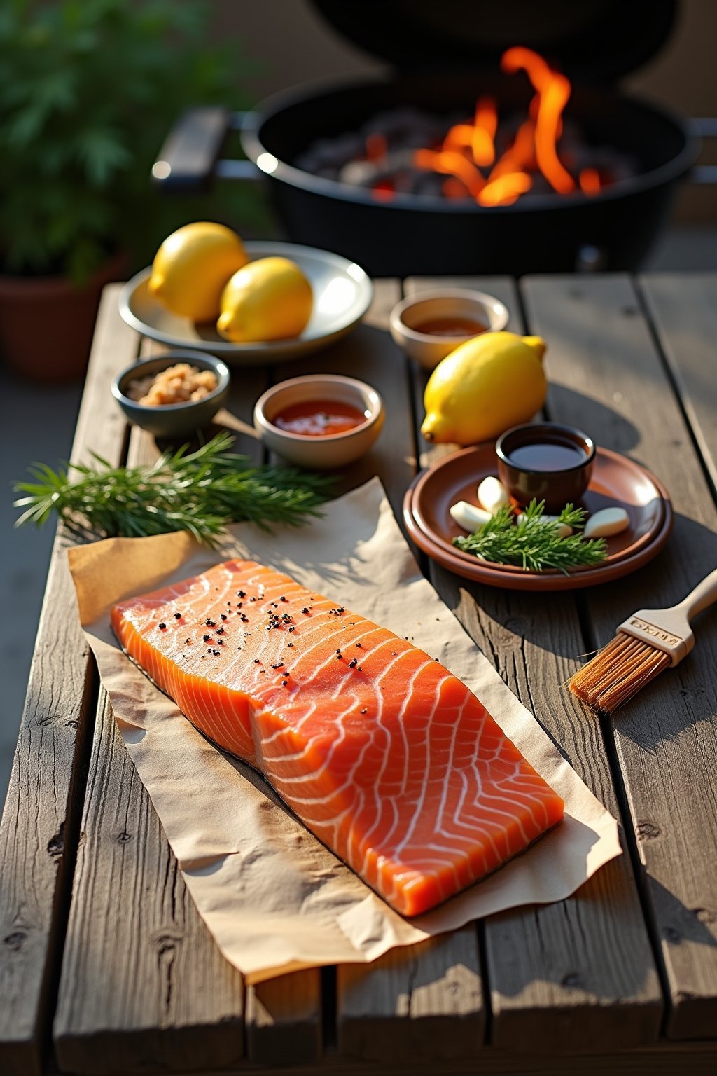 Overhead flat lay on a rustic outdoor wooden table: a whole raw salmon side on parchment, a cedar plank soaking in a shallow dish of water, small bowls of brown sugar, dijon mustard, soy sauce, map...