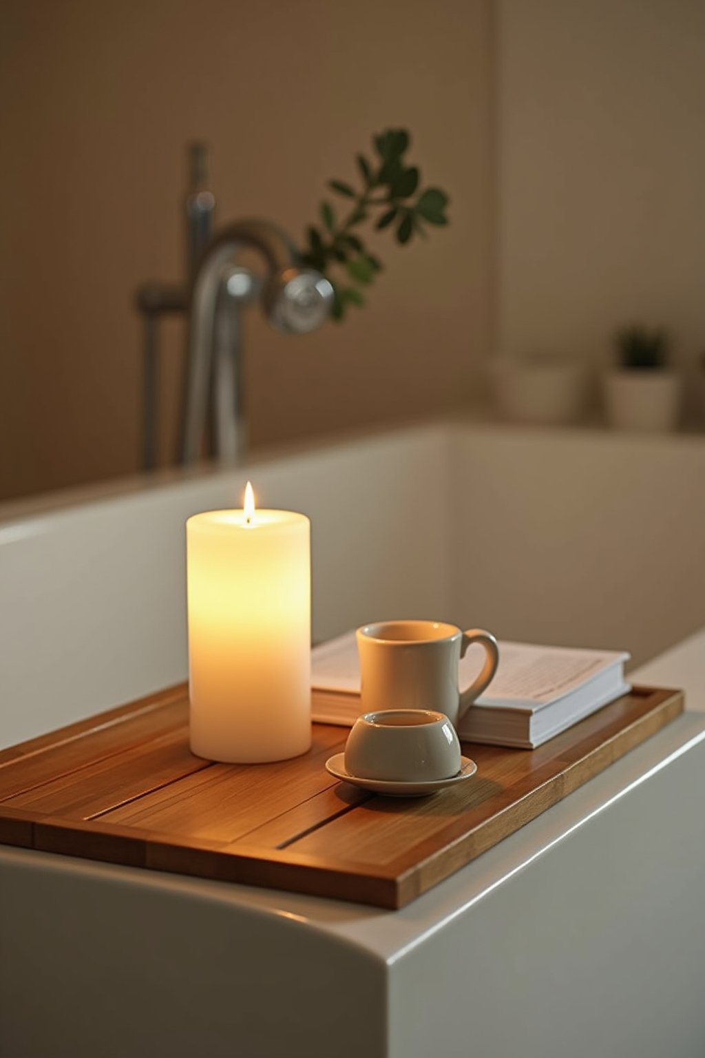 Close-up of a bamboo bath tray across a white bathtub holding an led candle