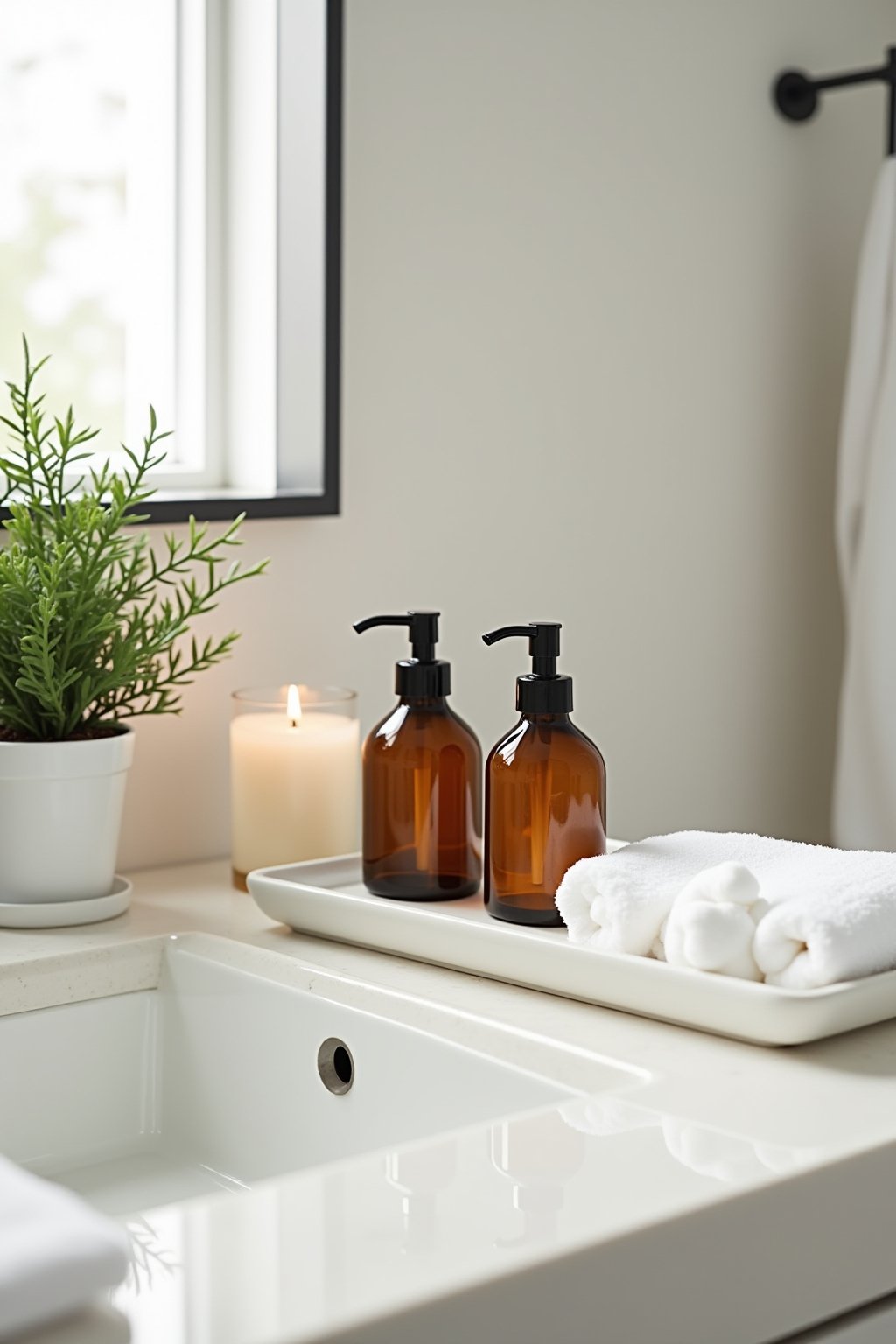 A bathroom vanity counter styled spa-like with matching amber glass soap and lotion dispensers