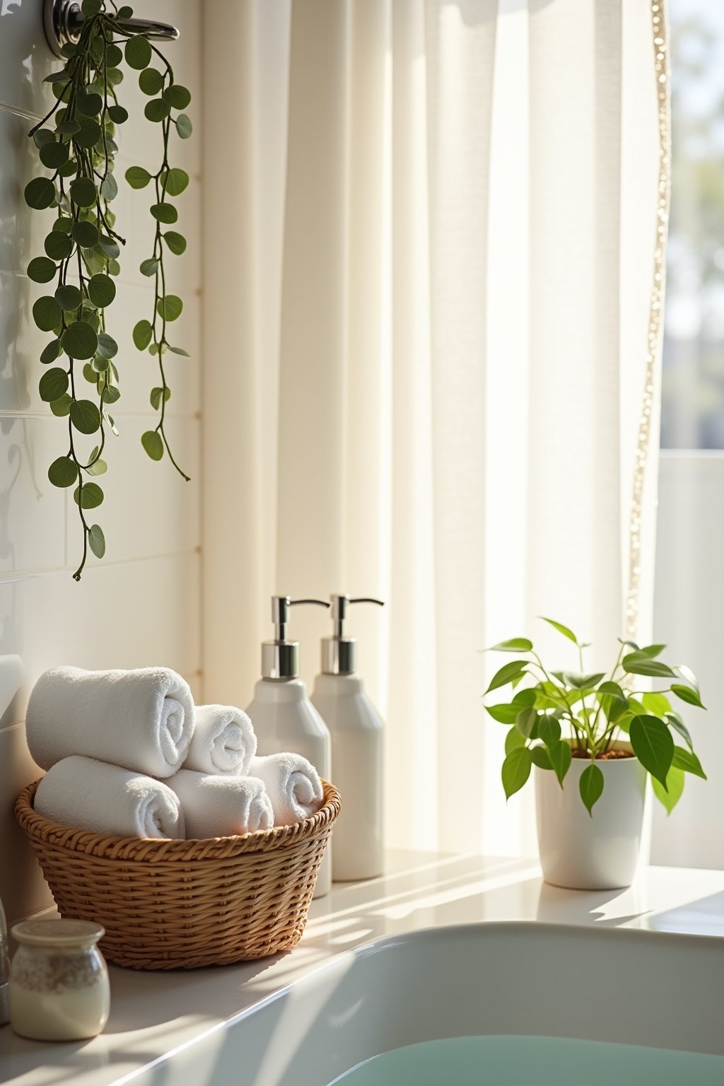 A clean bright spa-like bathroom with white fluffy rolled towels in a woven basket