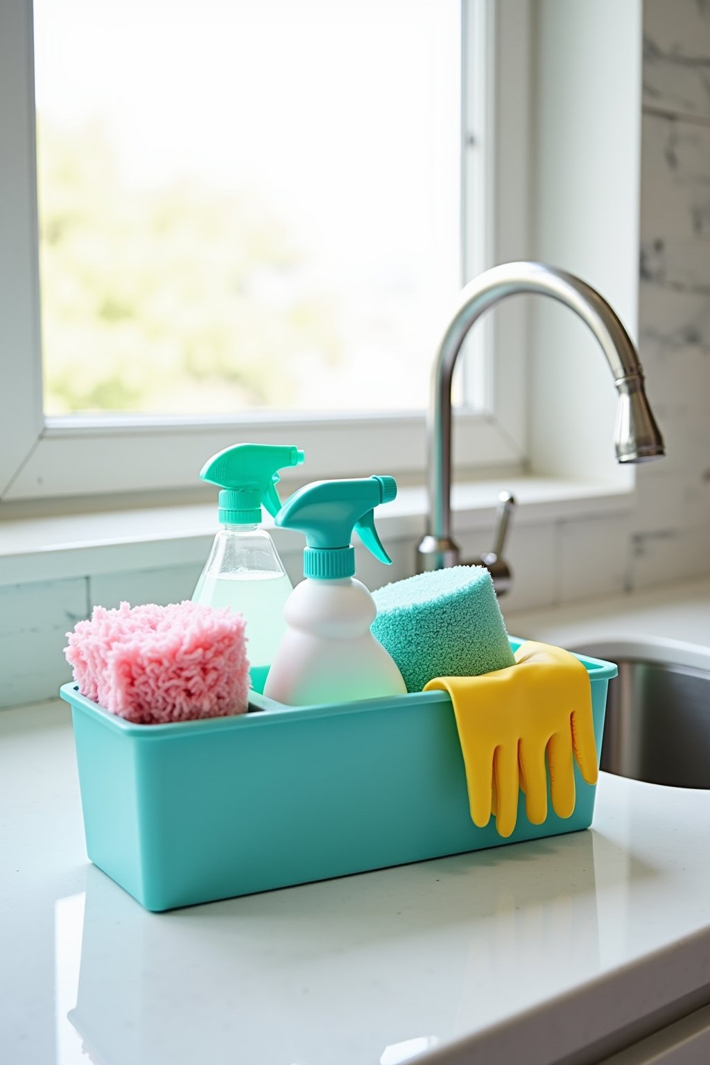 A cleaning caddy filled with spray bottles