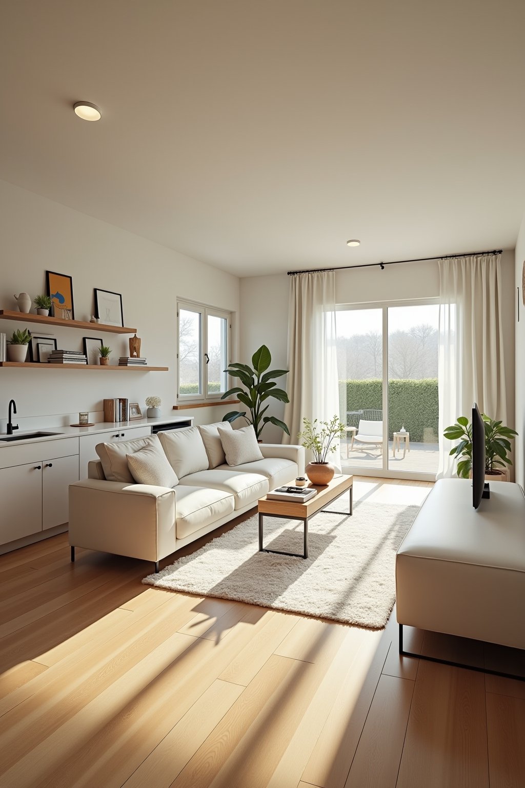 A wide shot of a beautifully clean and organized modern home interior