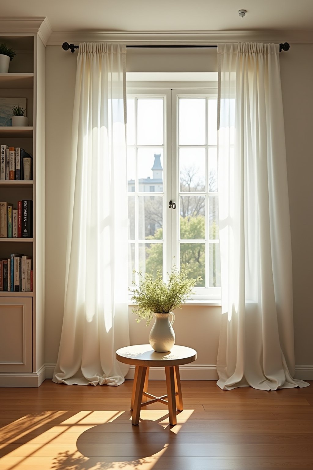 Wide shot of a bright clean living room after spring cleaning