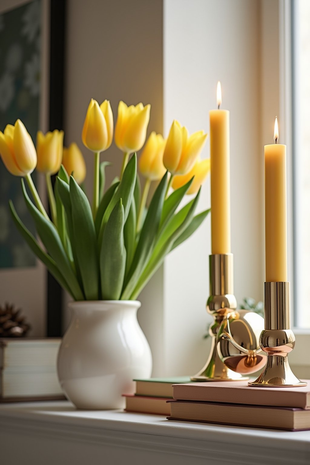 Close-up of a spring mantel vignette with a ceramic vase holding fresh tulips