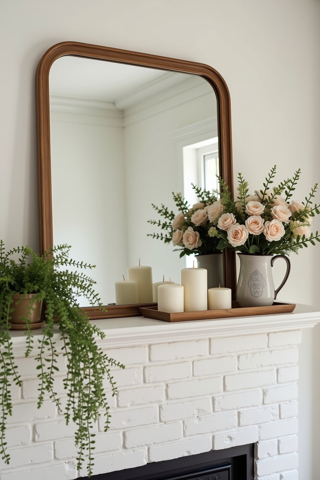 A farmhouse style spring mantel with a wooden framed mirror