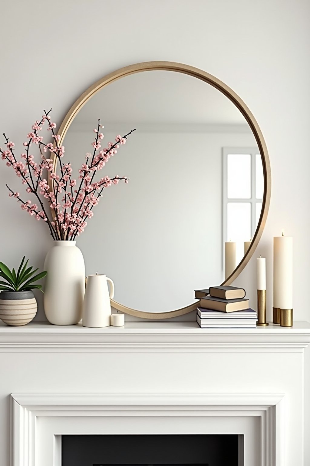 A beautifully styled spring mantel with a large round mirror leaned against the wall