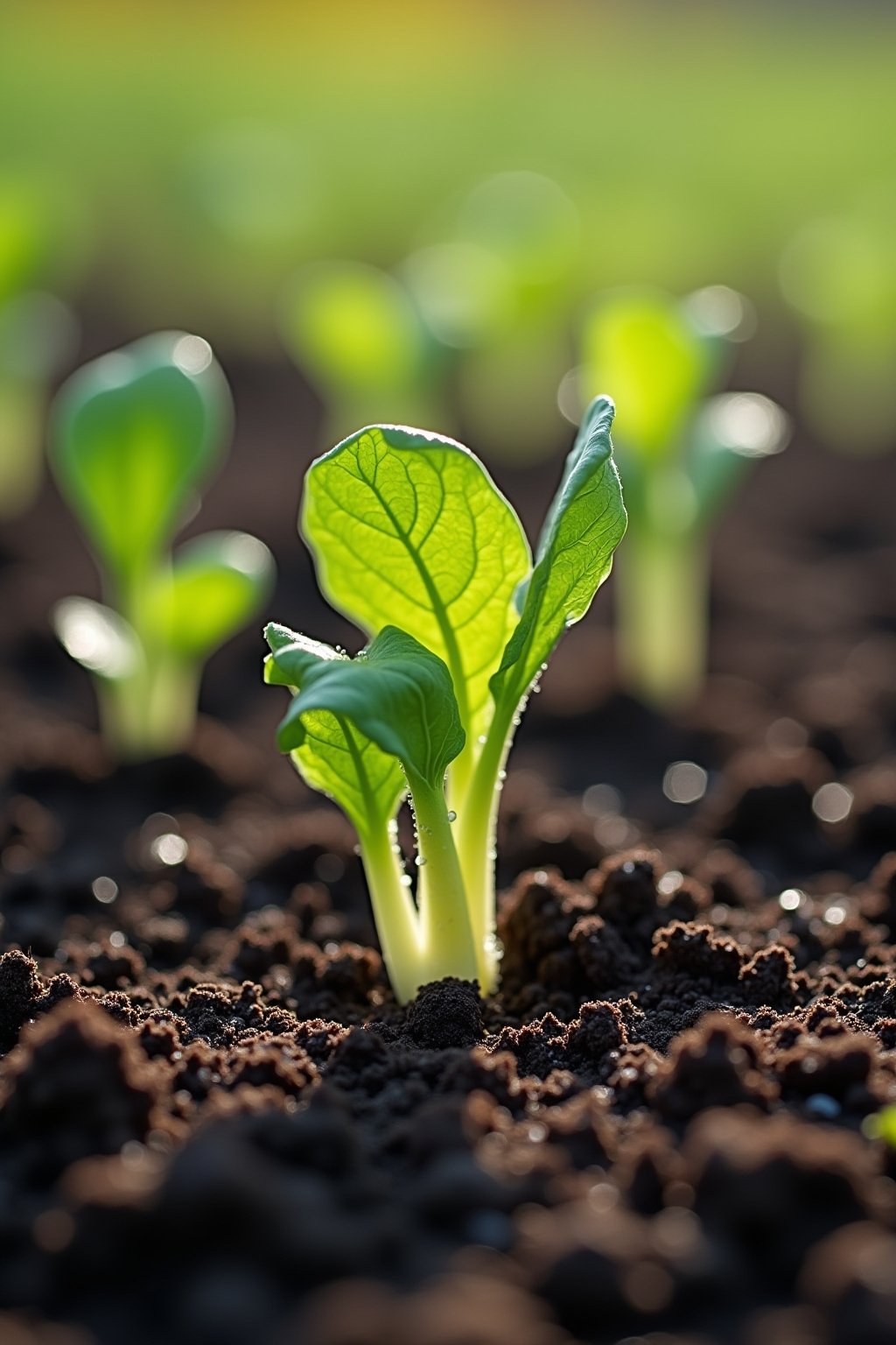 Close-up young vegetable seedlings emerging from dark soil in a brand new garden bed, tiny green lettuce sprouts and radish leaves just breaking through, water droplets on the soil surface from rec...