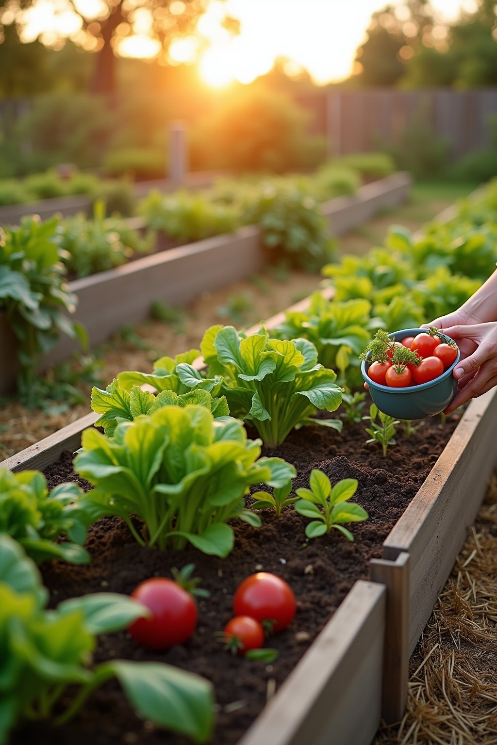 A small but thriving first-year garden at golden hour showing a simple raised bed with lettuce, radishes, young tomato plants, basil, and bush beans, a proud beginner gardener harvesting their firs...