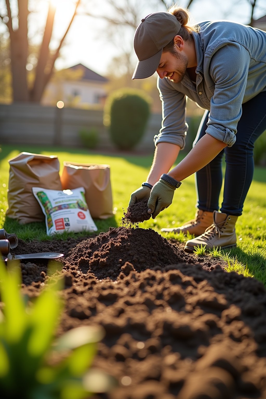A person creating their very first garden from scratch in a sunny backyard, spreading compost over a small 4x4 foot garden plot, bags of compost and seed packets nearby, a trowel and garden gloves ...