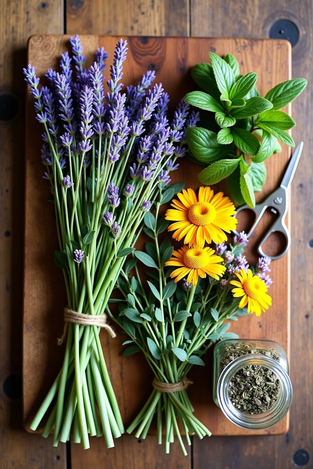 Close-up overhead photograph of medicinal herb harvest: freshly cut bundles of lavender, chamomile flowers, peppermint sprigs, and calendula blooms arranged on a rustic wooden cutting board, garden...