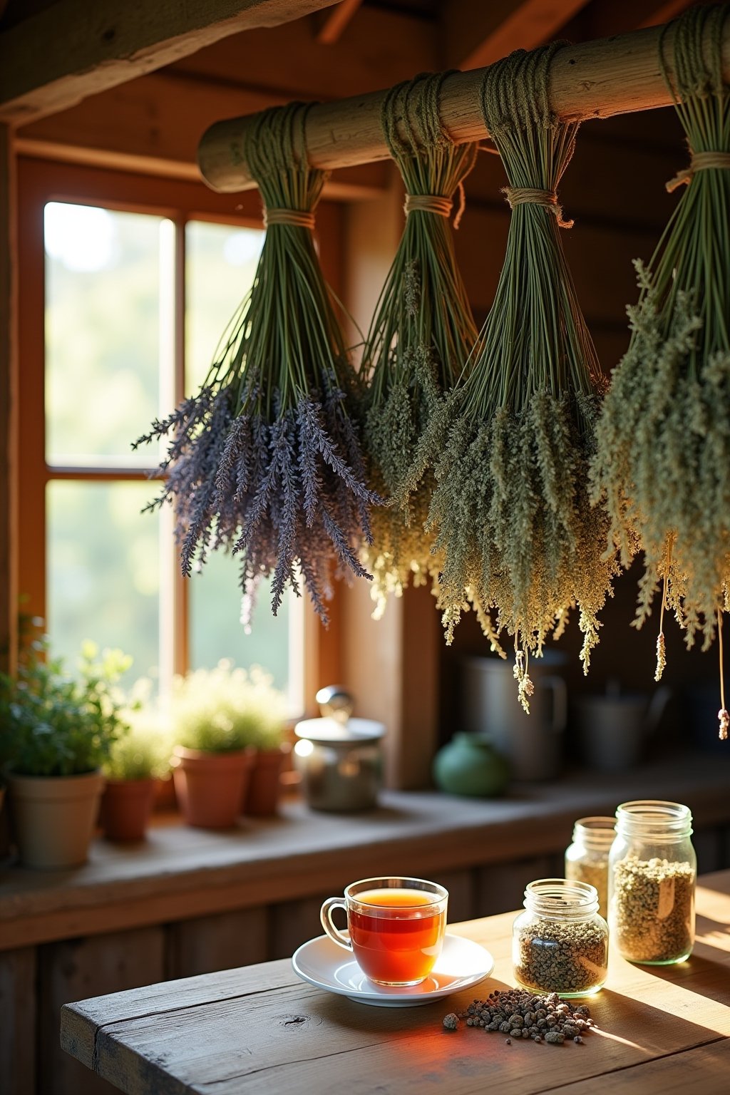 A cozy scene of dried medicinal herbs hanging upside down from a rustic wooden beam: bundles of lavender, chamomile, sage, and thyme drying in a warm sunlit room, mason jars of finished dried herbs...