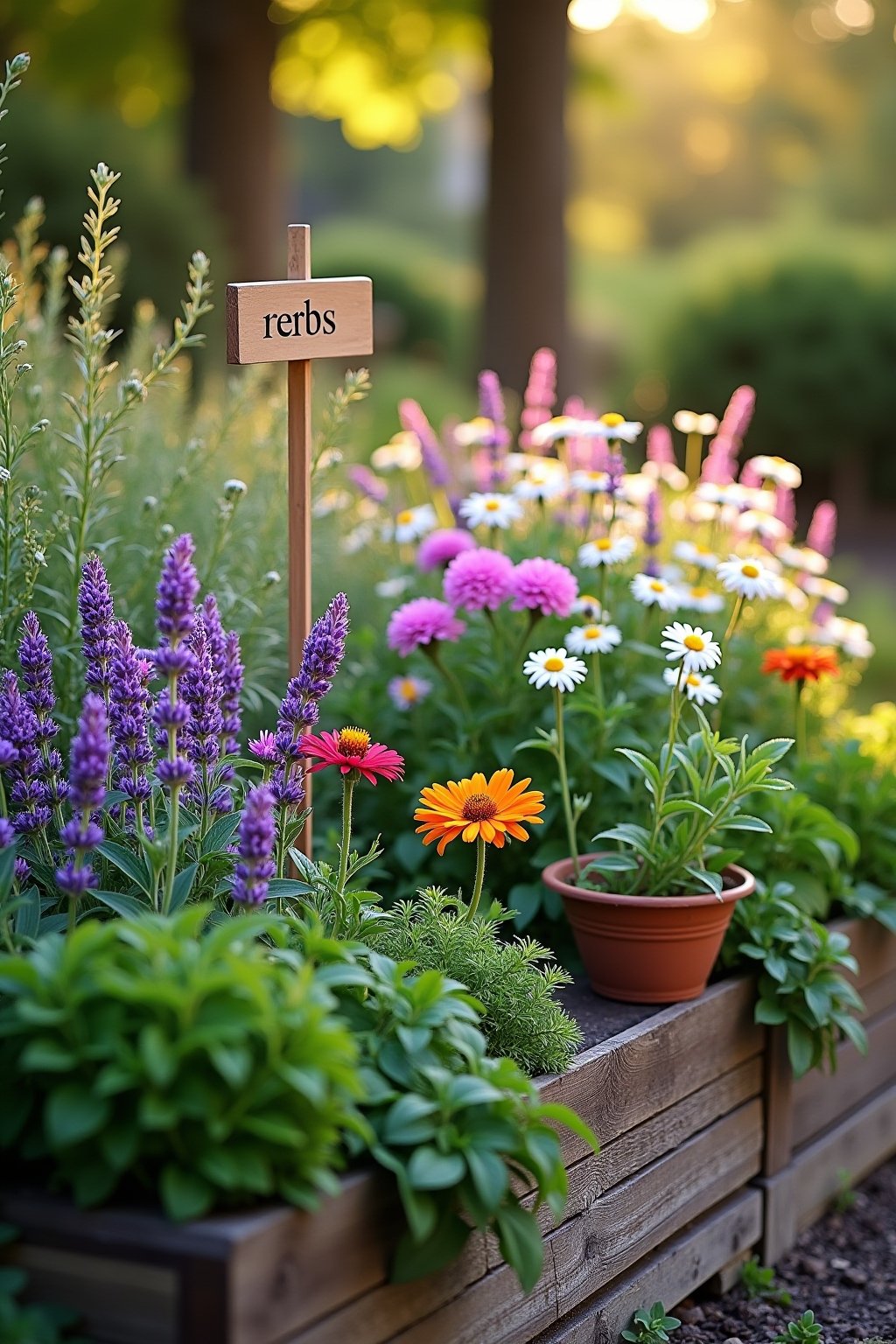 A beautiful cottage-style medicinal herb garden with labeled plants: purple lavender in full bloom, white chamomile daisies, pink echinacea coneflowers, bright calendula marigolds, green peppermint...