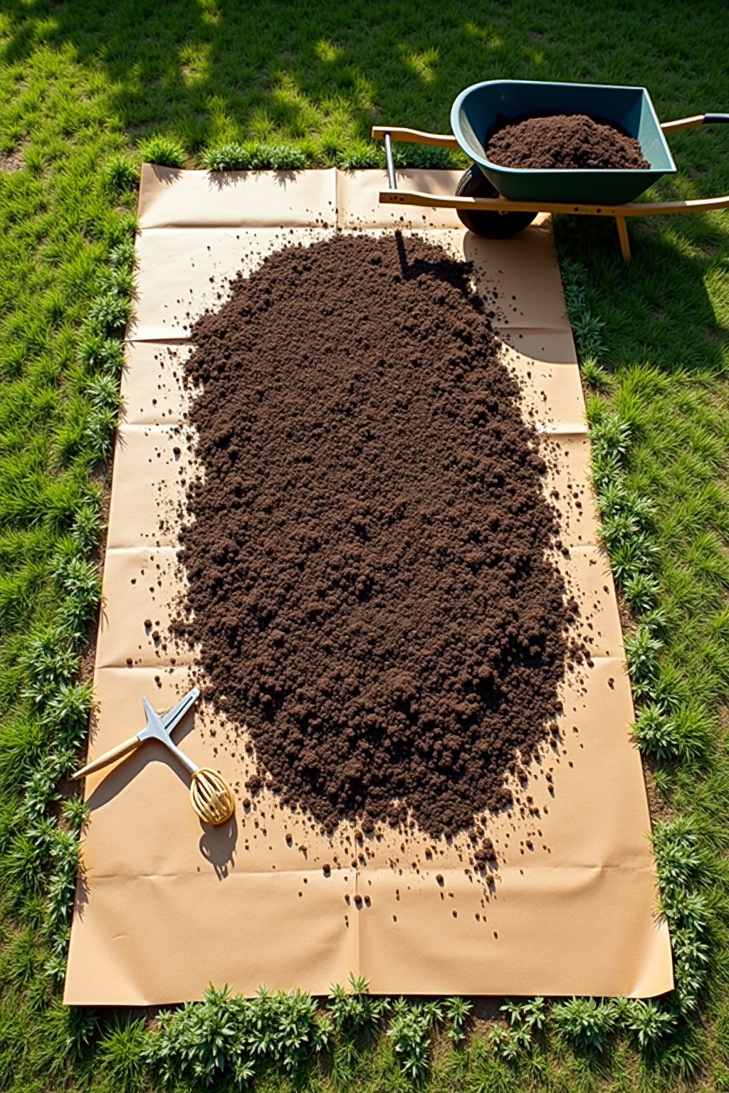Overhead photograph of a new no-dig bed being built: large cardboard sheets laid flat on grass, dark rich compost being spread on top with a rake, the layers clearly visible — grass, cardboard, com...