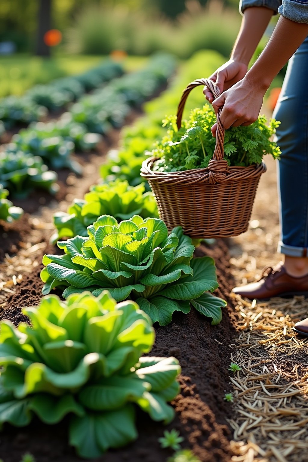 A mature no-dig garden bed bursting with healthy vegetables: rows of lettuce, kale, and herbs growing in dark rich compost, straw mulch between plants, clean wood chip paths, a gardener harvesting ...