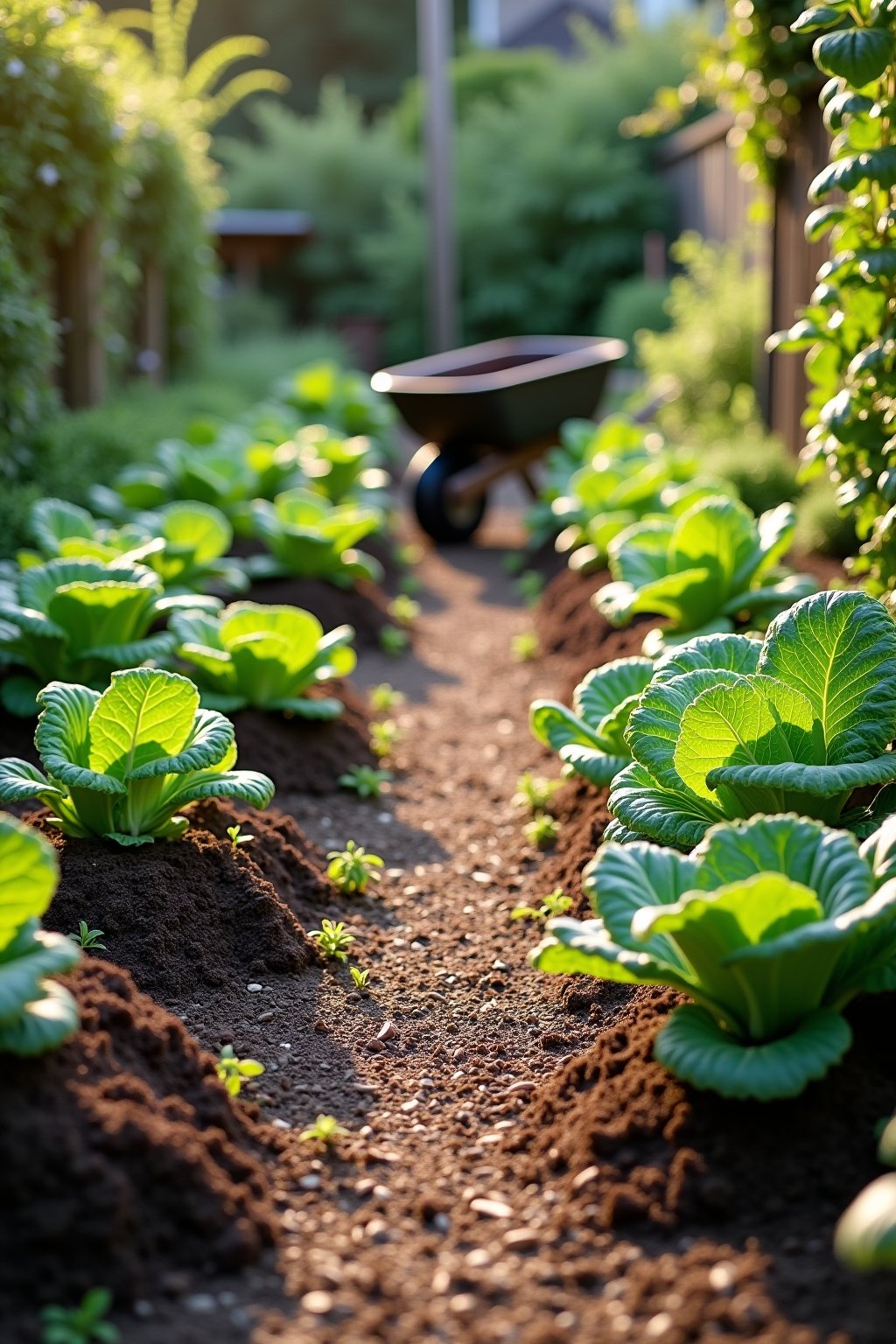 A beautiful no-dig garden with raised beds of dark rich compost, lush vegetables growing abundantly including lettuce, kale, and tomatoes, wood chip paths between beds, no frames just mounded compo...