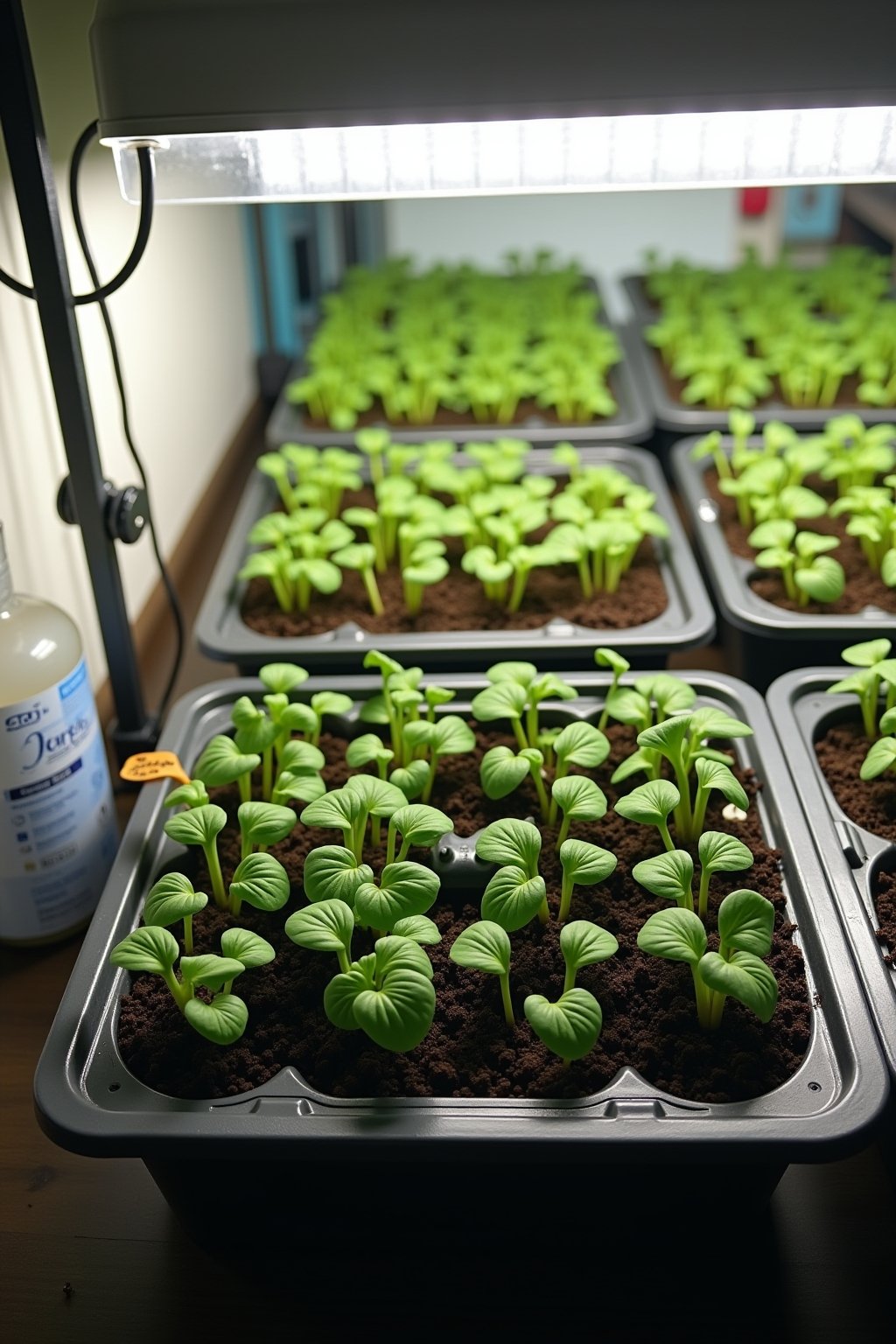 Close-up overhead photograph of seed starting trays with tiny green seedlings emerging from dark seed starting mix, clear humidity dome partially removed, a spray bottle nearby, plant labels with h...