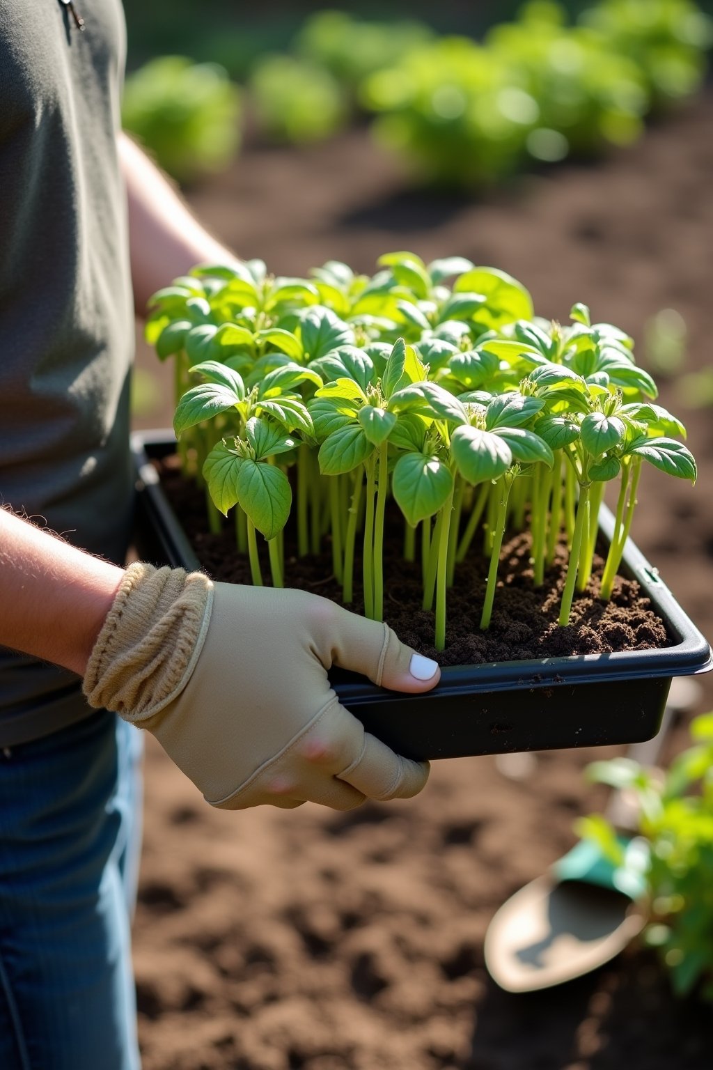 A person carrying a tray of healthy hardened-off seedlings outdoors to a garden bed, showing stocky green tomato and pepper transplants ready to plant, a prepared garden bed with rich dark soil in ...