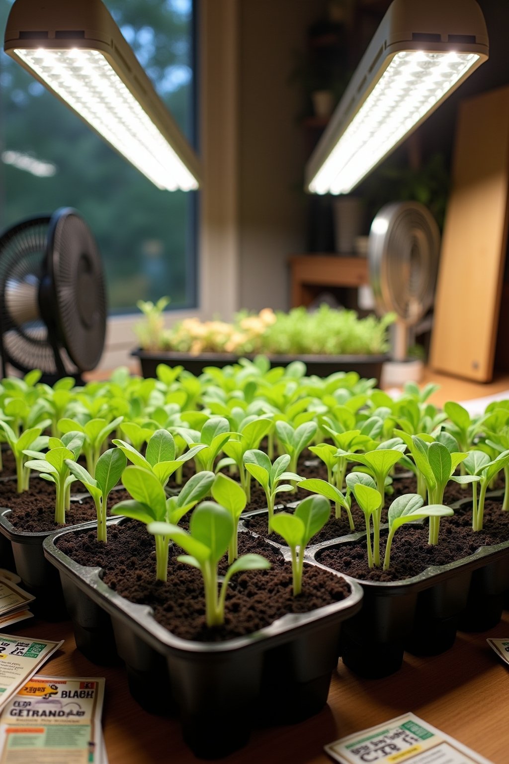 A beautiful indoor seed starting station with rows of green seedlings growing in trays under LED grow lights, the lights casting a bright white glow on healthy stocky seedlings with true leaves, a ...