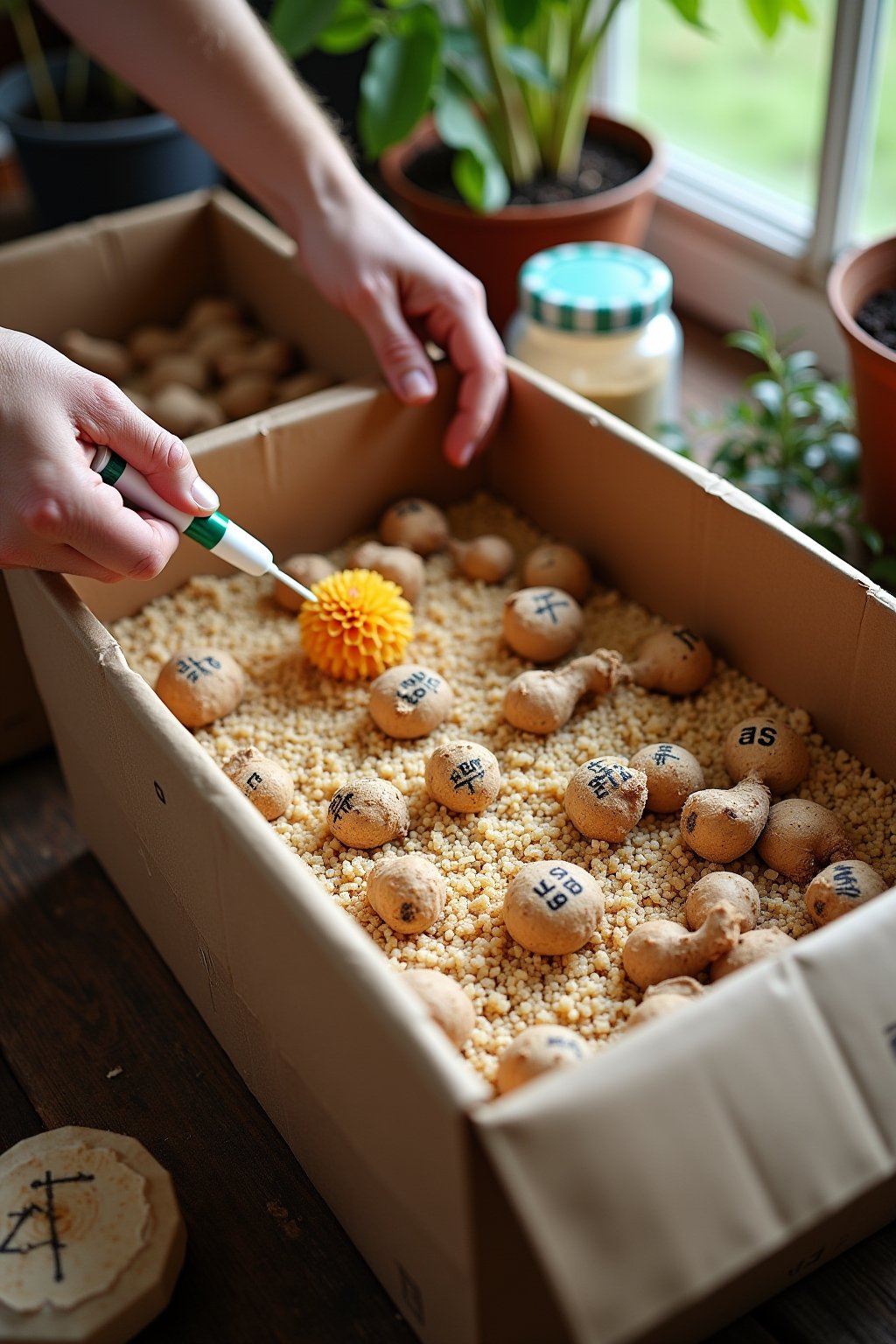Close-up clean dahlia tubers being packed in vermiculite inside a cardboard box for winter storage, individual tubers separated and labeled with permanent marker, a jar of sulfur powder visible nea...