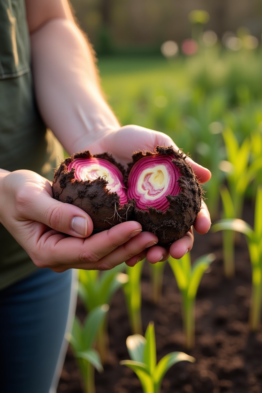 A gardener holding a beautiful divided dahlia tuber clump in spring sunlight, showing clearly visible pink eyes on the crown ready to sprout, fresh green sprouts just beginning to emerge, garden be...