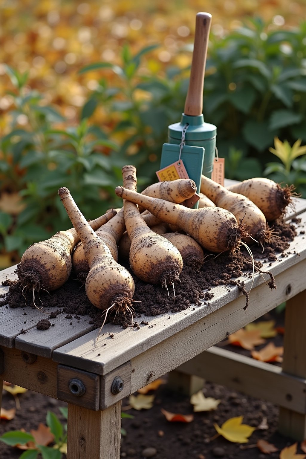 A collection of freshly dug dahlia tuber clumps laid out on a rustic wooden potting bench, rich dark soil still clinging to some roots, autumn garden setting with fallen leaves in the background, c...