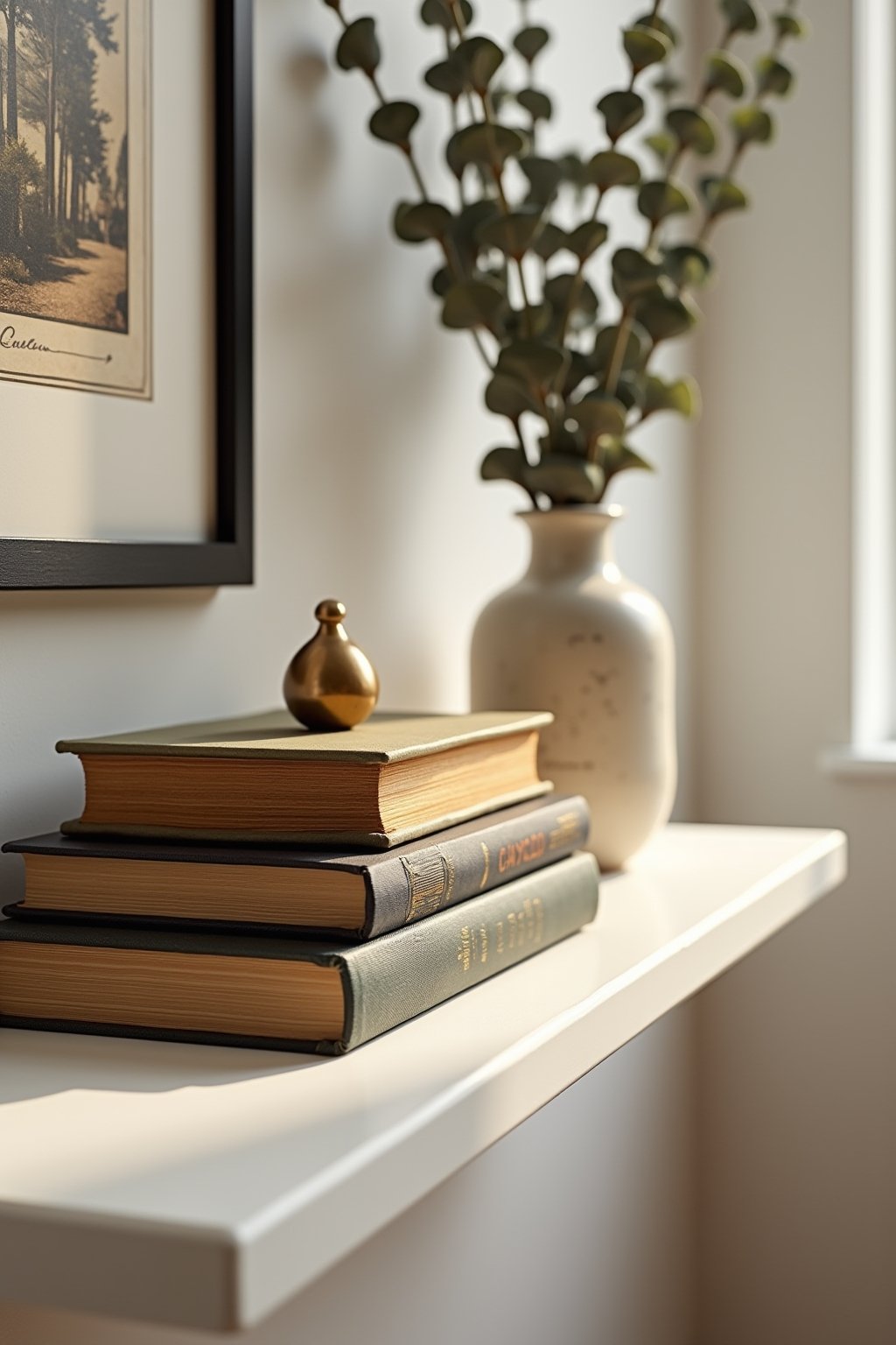 Close-up of a single styled shelf with a stack of vintage hardcover books