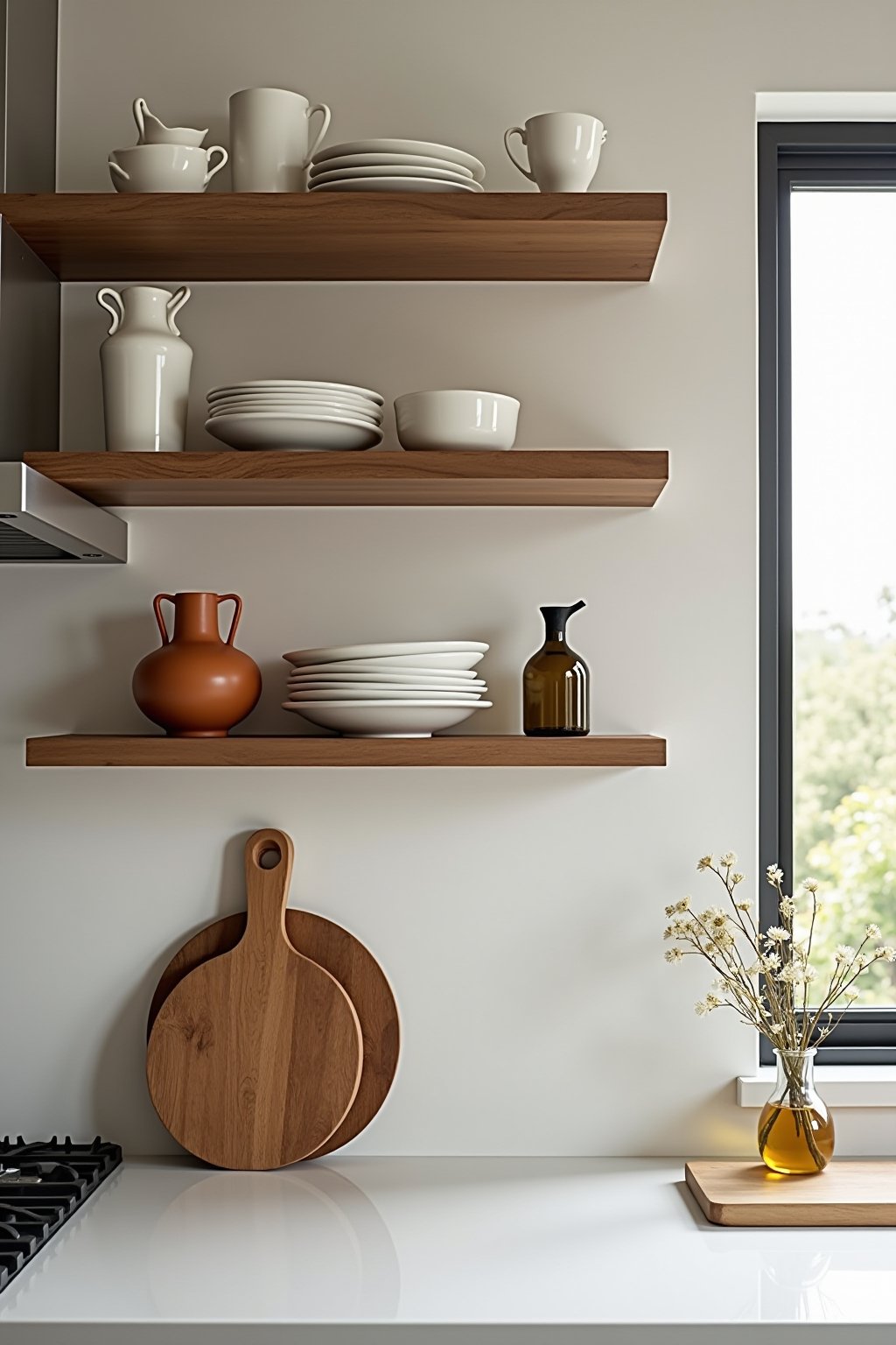 Open kitchen floating shelves styled with white ceramic dishes