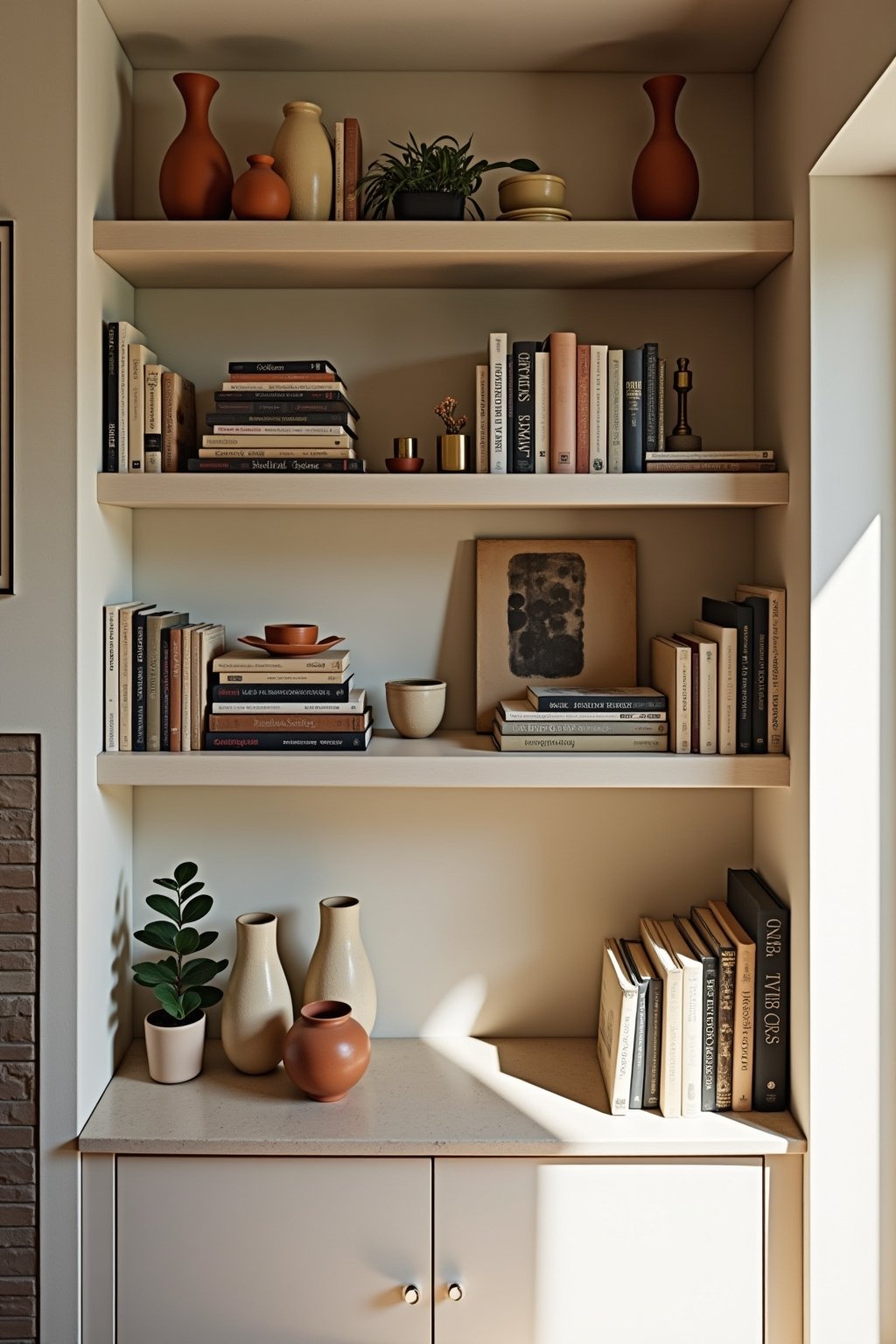 Beautifully styled built-in living room shelves with a curated mix of art books stacked vertically and horizontally