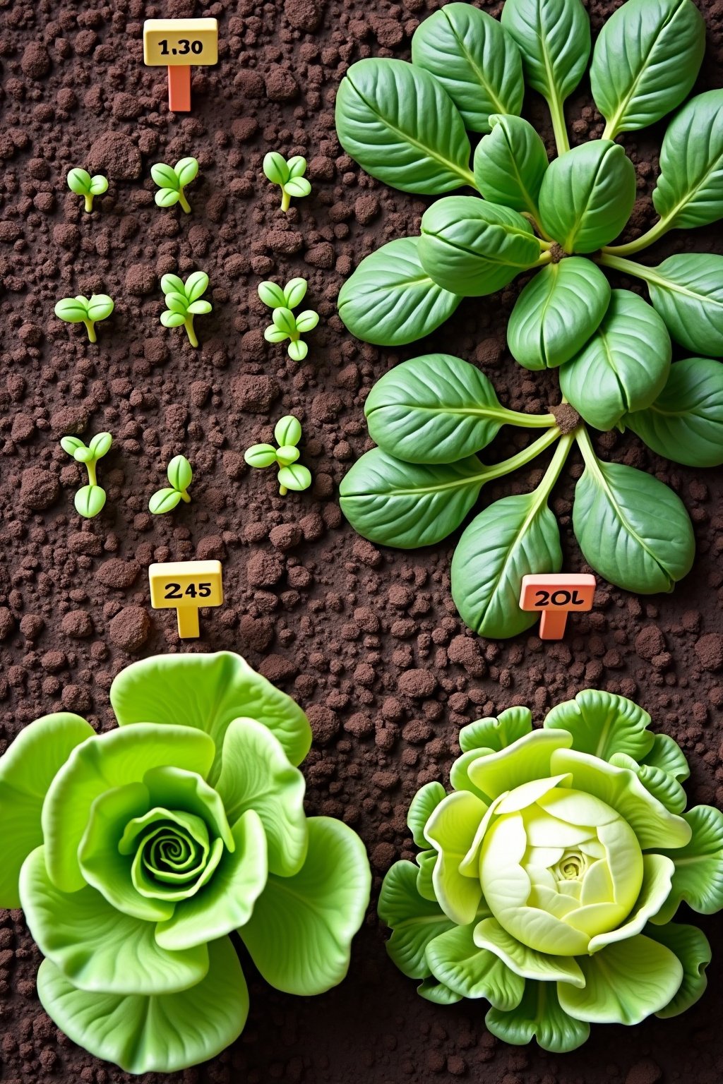 Close-up overhead view of a garden bed divided into sections showing different planting stages of lettuce and spinach, one section with freshly sown seeds and soil, one with tiny bright green seedl...