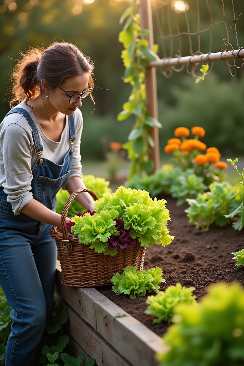A gardener harvesting fresh green and red lettuce from a raised bed while new seedlings grow in the next section of the same bed, a wicker harvest basket overflowing with fresh greens, bush beans c...