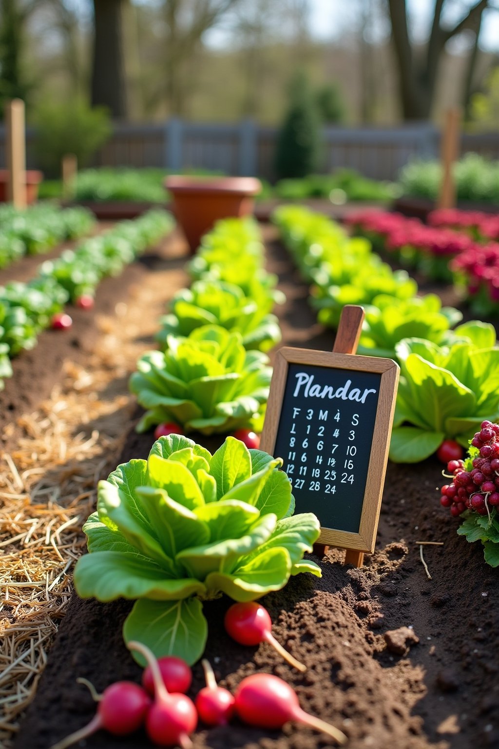 A beautiful vegetable garden in spring showing succession planting stages, neat rows of lettuce in different growth stages from tiny seedlings to full mature heads, bright green and red varieties, ...