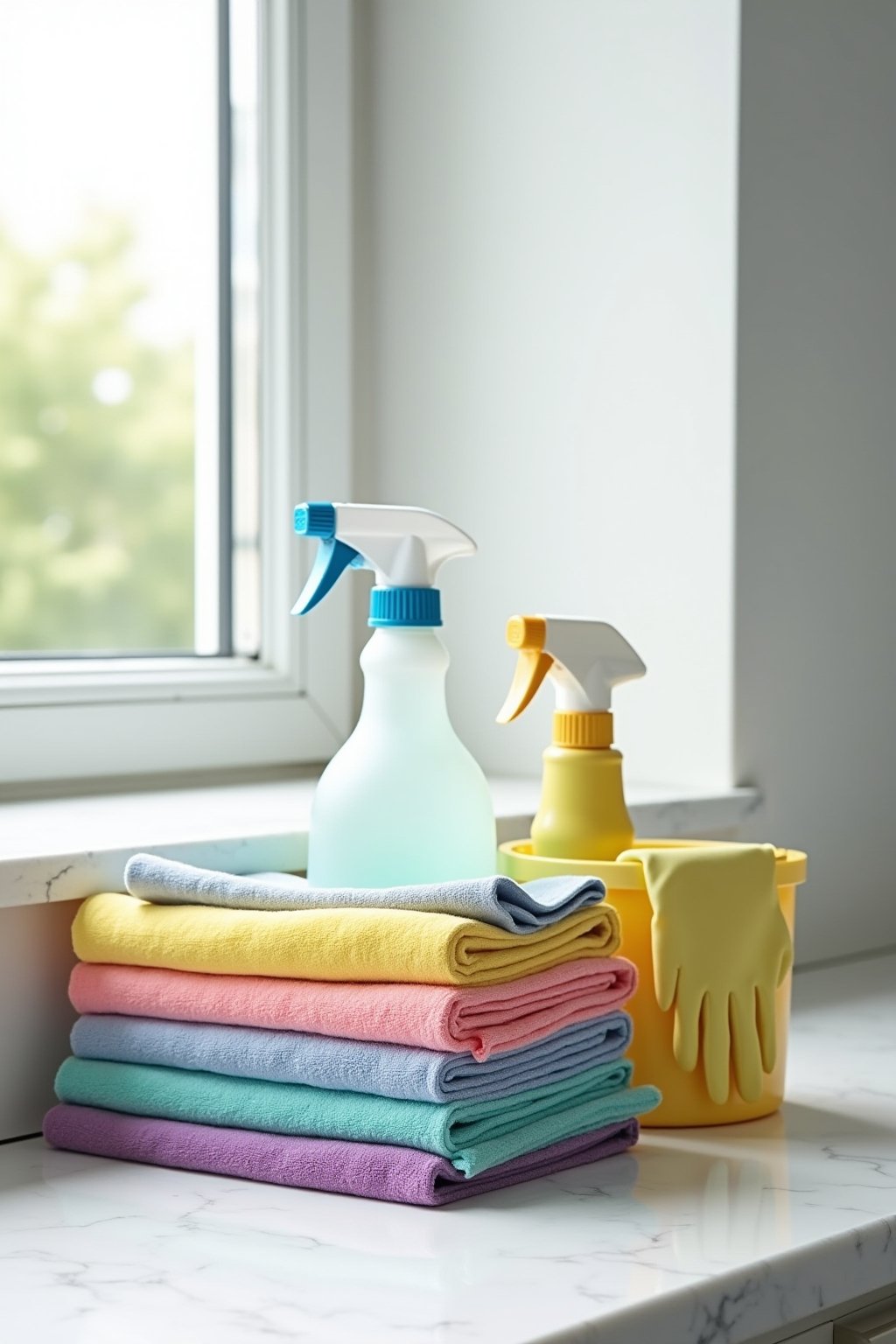 Close-up of cleaning supplies neatly arranged on a white marble countertop