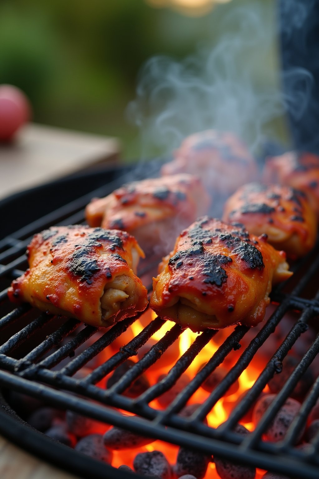 Close-up of tandoori chicken thighs sizzling on hot charcoal grill grates, deep red-orange yogurt crust with visible black char marks, flames flickering beneath, glowing coals, wisps of fragrant sm...