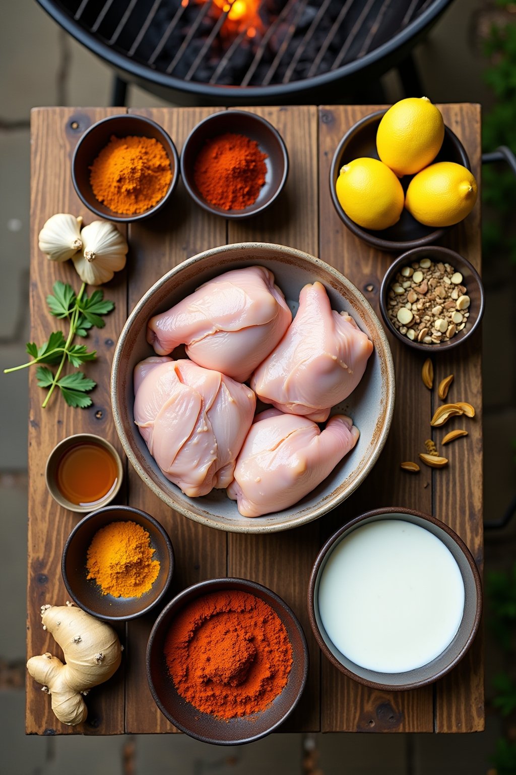 Overhead flat lay on a wooden outdoor table: raw chicken thighs with deep slashes in a bowl, a container of greek yogurt, small bowls of red kashmiri chili powder, garam masala, turmeric, cumin, co...