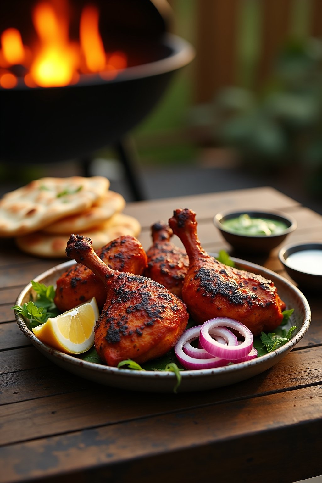 Deep red-orange tandoori chicken thighs with visible blackened char marks on a rustic metal platter on an outdoor wooden table, glistening with yogurt-spice crust, sliced red onion rings dusted wit...