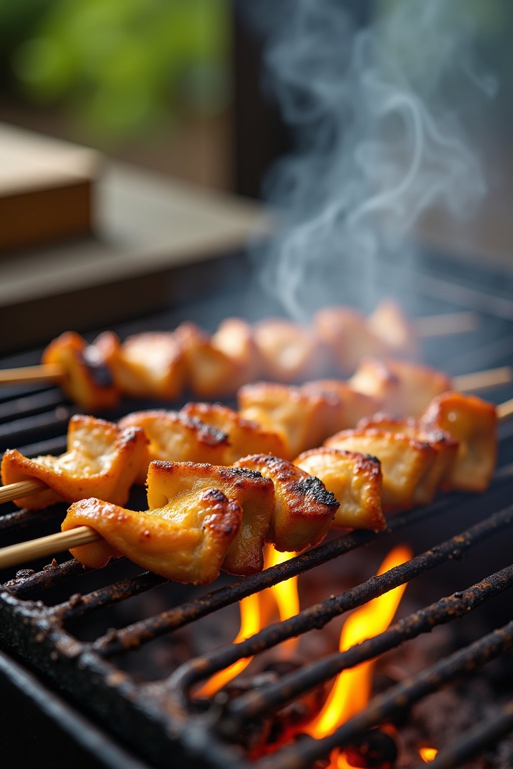 Close-up of thai chicken satay sizzling on hot grill grates, accordion-folded chicken strips with deep char marks and golden turmeric color, flames flickering below, steam rising, tongs turning a s...