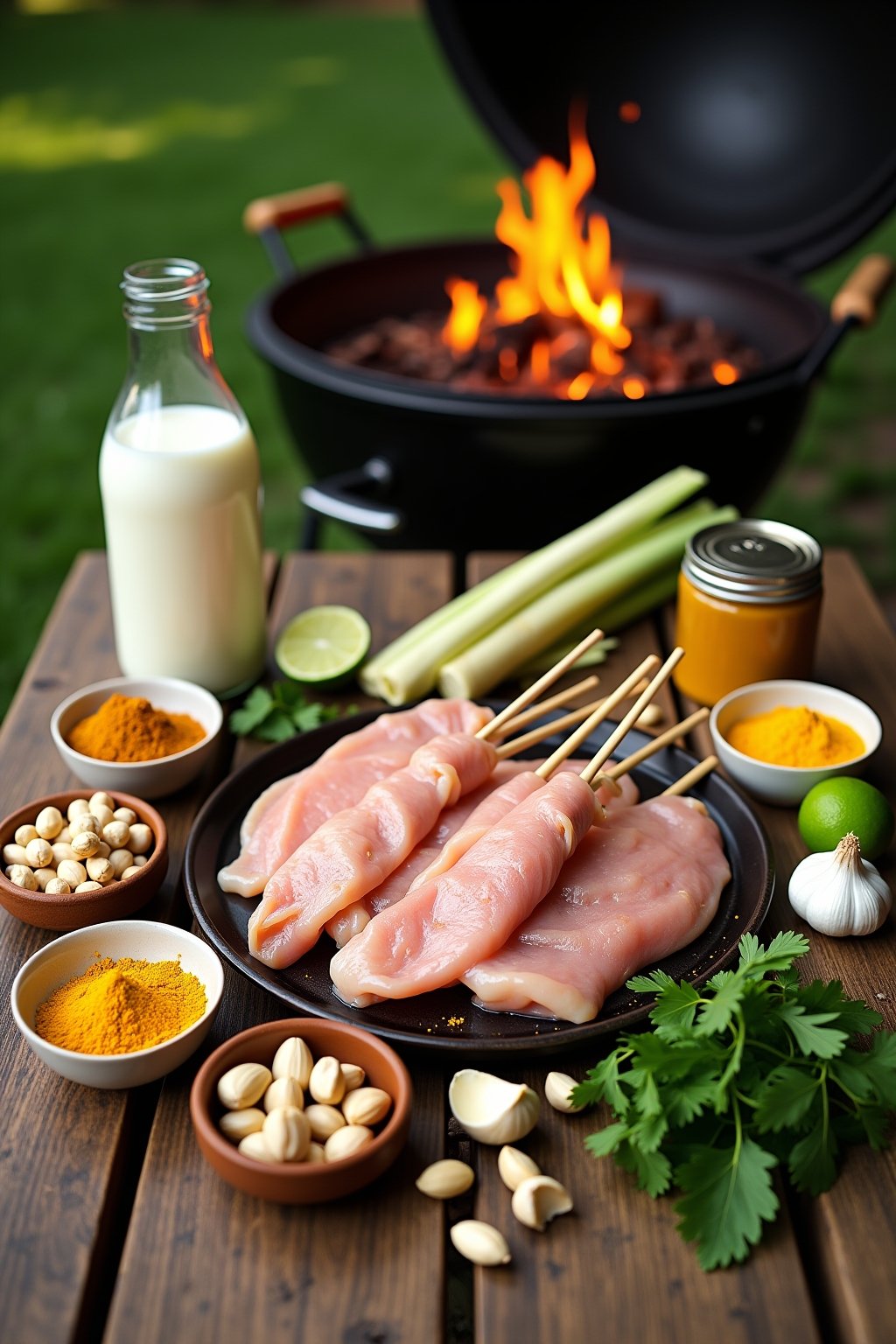 Overhead flat lay on a rustic outdoor wooden table: raw chicken strips threaded onto bamboo skewers, a can of coconut milk, fresh lemongrass stalks, small bowls of yellow curry powder and turmeric,...